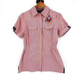 Vintage Y2K Coogi Womens Button Up Short Sleeve Shirt Large Nautical Logo Preppy